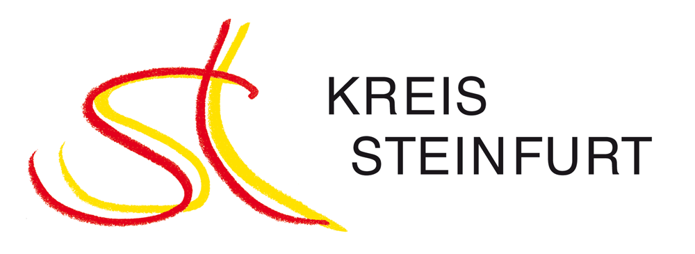 Das Bild zeigt das Logo des Kreises Steinfurt. Links ist eine stilisierte Kombination aus einem roten und gelben Pinselstrich. Rechts daneben steht in schwarzer Schrift "Kreis Steinfurt".